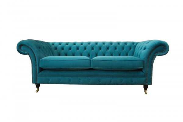 Chesterfield three-seater blue fabric living room design upholstered sofa