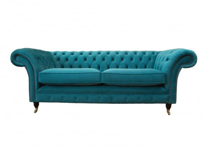 Chesterfield three-seater blue fabric living room design upholstered sofa