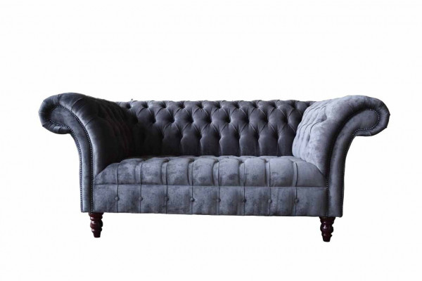 Sofa 2-seater couch design, upholstered textile fabric, grey Chesterfield, new.
