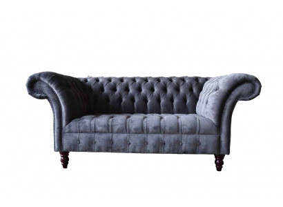 Sofa 2-seater couch design, upholstered textile fabric, grey Chesterfield, new.
