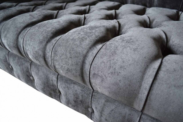 Sofa 2-seater couch design, upholstered textile fabric, grey Chesterfield, new.