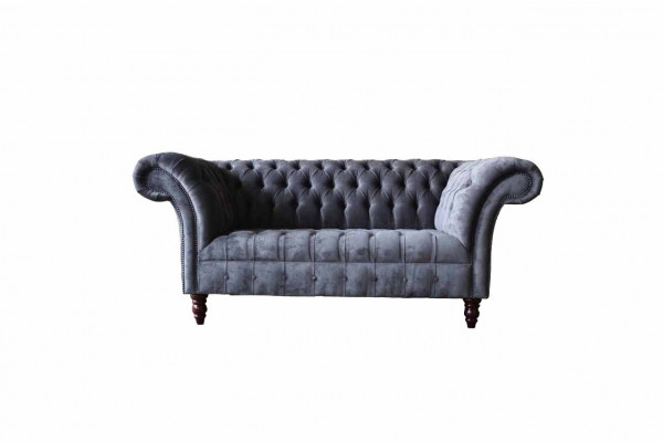 Sofa 2-seater couch design, upholstered textile fabric, grey Chesterfield, new.