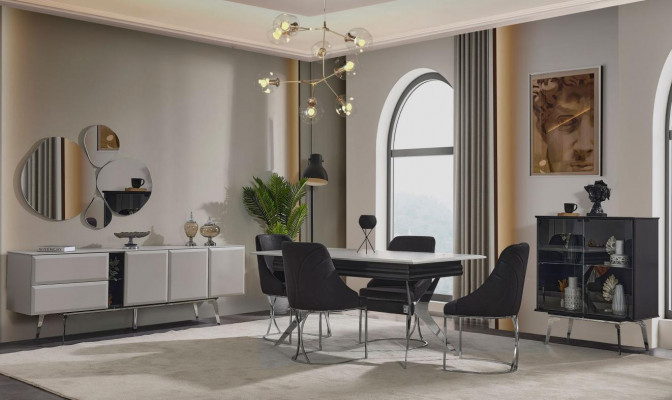 Luxury dining room black gray dining table with six chairs sideboard dining set 9 pieces.