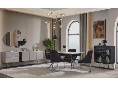 Luxury dining room black gray dining table with six chairs sideboard dining set 9 pieces.