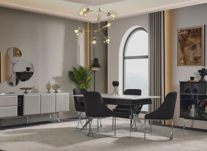 Luxury dining room black gray dining table with six chairs sideboard dining set 9 pieces.