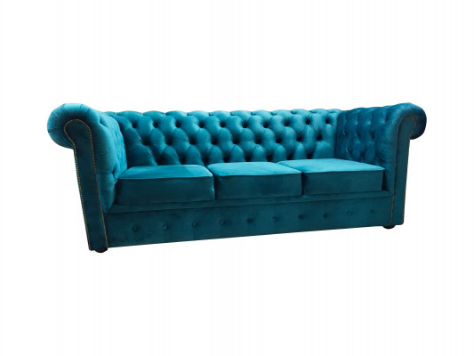 Chesterfield Sofa 3 Seater Fabric Couches Cloth Blue Modern Sofas