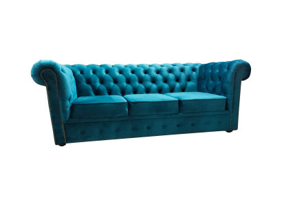 Chesterfield Sofa 3 Seater Fabric Couches Cloth Blue Modern Sofas
