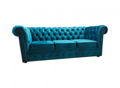 Chesterfield Sofa 3 Seater Fabric Couches Cloth Blue Modern Sofas