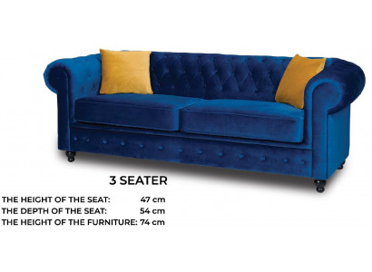 Upholstered Sofas 3 Seats Chesterfield Textile Sofa Blue Classic Designer New