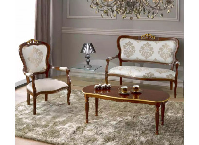 Classic seating set, two-seater, armchair, coffee table, designer wooden furniture.