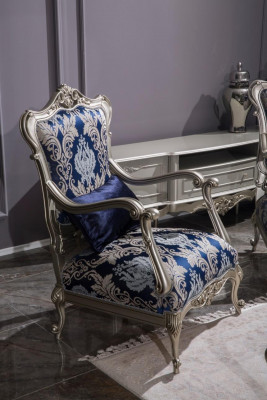 Luxury Single-Seater Armchair Upholstered Furniture Blue Floral Pattern Sofa Lounge Baroque