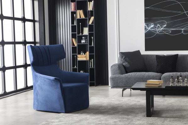 Blue armchair, single-seater, modern style, medium-soft, luxurious upholstered furniture.