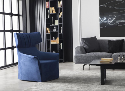 Blue armchair, single-seater, modern style, medium-soft, luxurious upholstered furniture.