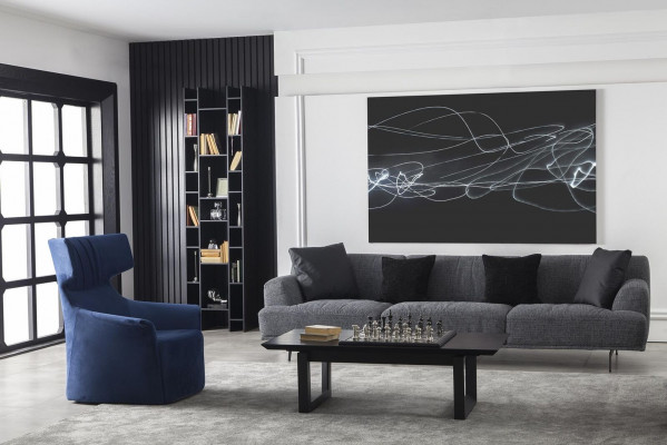 Blue armchair, single-seater, modern style, medium-soft, luxurious upholstered furniture.
