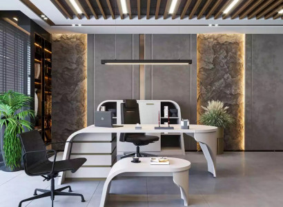 White Office Set: Executive Desk, Oval Coffee Table, File Cabinet, 3-Piece Shelf.