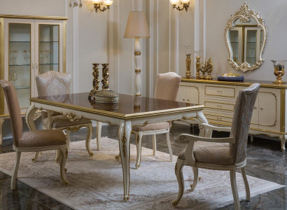 Design dining room set, 8 pieces: dining table, chair, sideboard, display cabinet, mirror, tables, wood.