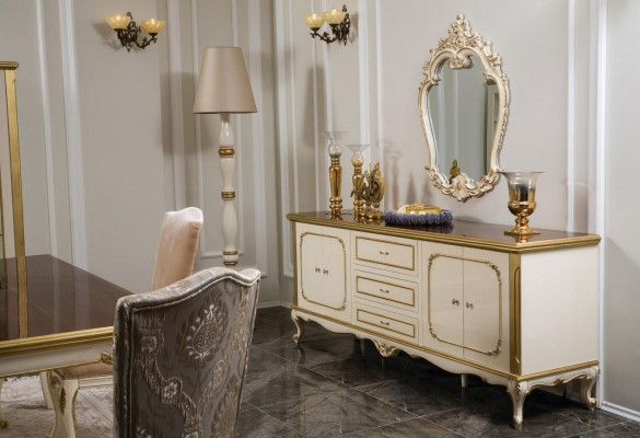 Design dining room set, 8 pieces: dining table, chair, sideboard, display cabinet, mirror, tables, wood.