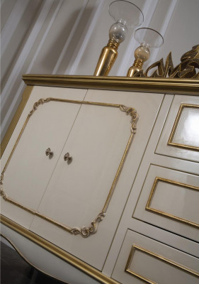 Design dining room set, 8 pieces: dining table, chair, sideboard, display cabinet, mirror, tables, wood.