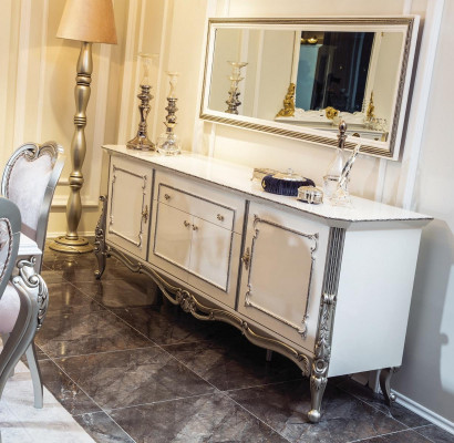 Dining Room Set 7 Pieces. Dining Table 4x Chairs Sideboard Mirror Group Ensemble White New