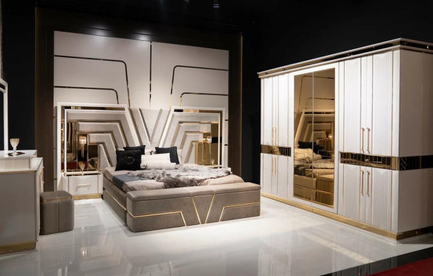 Bedroom set bed 2x bedside tables wardrobe 7-piece design luxury new