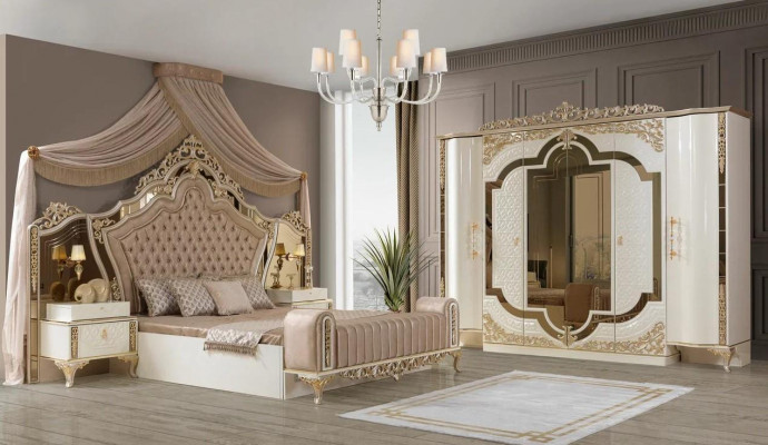 Bedroom set bed 2x nightstands design luxury new 5-piece white