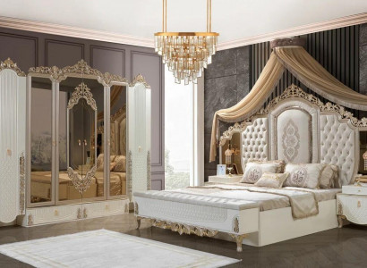 Bedroom set bed 2x bedside tables stool luxury new 5-piece design wood