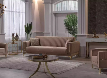 Beige Upholstered Sofa Set Designer 3+1+1 Seater Sofas Armchair 3-Piece Set
