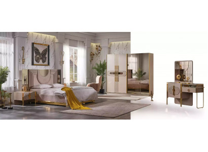 Beige bedroom set bed 2x nightstands wardrobe dressing table