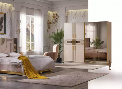 Beige bedroom set bed 2x nightstands wardrobe dressing table