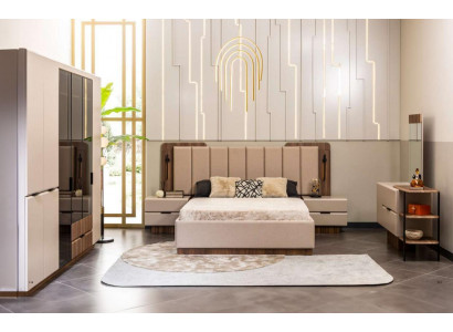 Double Bed Set Nightstands Beige Fabric 5-Piece Vanity Wardrobe Bed