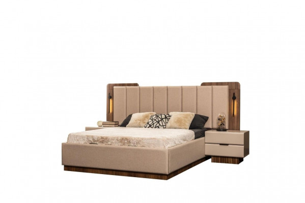 Double Bed Set Nightstands Beige Fabric 5-Piece Vanity Wardrobe Bed