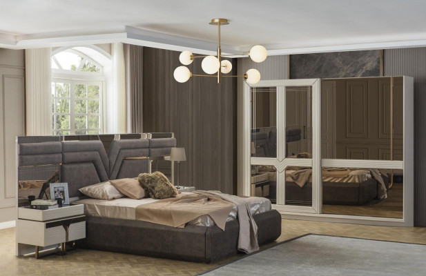 Bedroom set double bed bed nightstands 4-piece gray wardrobe
