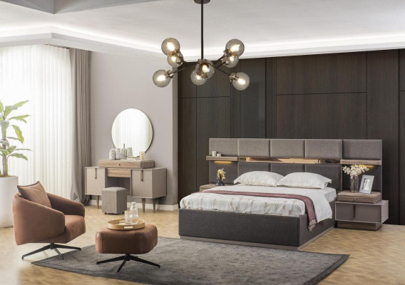 Bedroom complete double bed bedside tables console 6-piece set gray