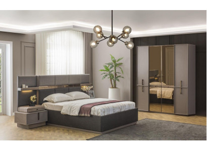 Double Bed Complete Bedroom Set 4-Piece Gray Nightstands Wardrobe