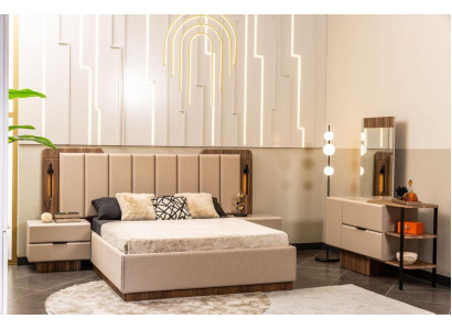Bedroom set double bed nightstands beige fabric 4-piece dressing
