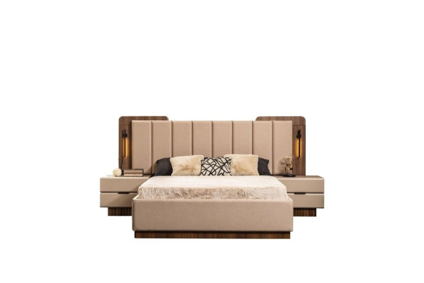 Bedroom set double bed nightstands beige fabric 4-piece dressing