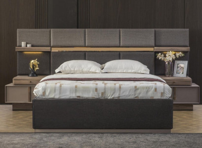 Complete Bedroom Double Bed Set 3-piece Bed Nightstands Gray Fabric