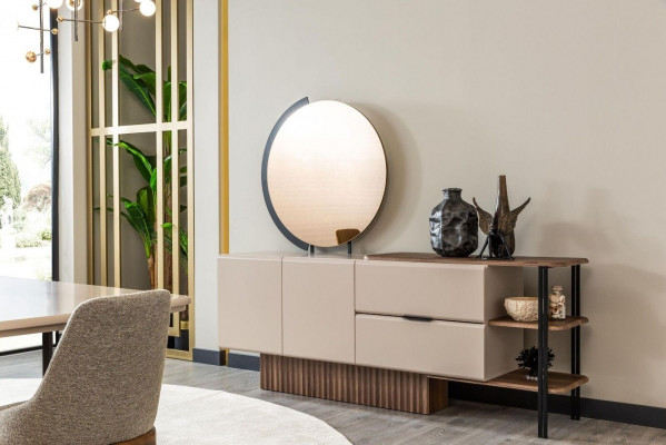 Sideboard set with mirror beige wood cabinet cupboard wood design