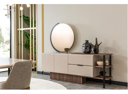 Sideboard set with mirror beige wood cabinet cupboard wood design