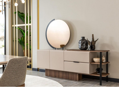 Sideboard set with mirror beige wood cabinet cupboard wood design