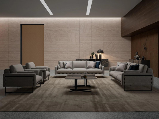 Beige living room sofa set wood 2x coffee table 2x sofa three-seater upholstered furniture.