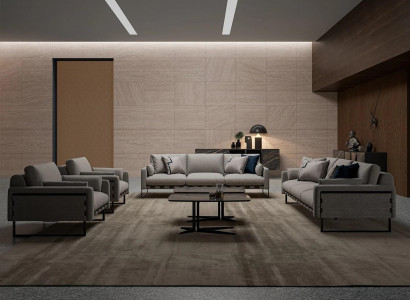 Beige living room sofa set wood 2x coffee table 2x sofa three-seater upholstered furniture.
