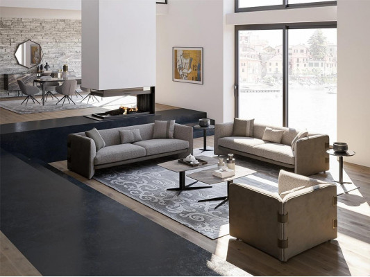 Gray Living Room Set 7-piece Modern 2x Sofas Three-Seater Upholstered Furniture Armchair New
