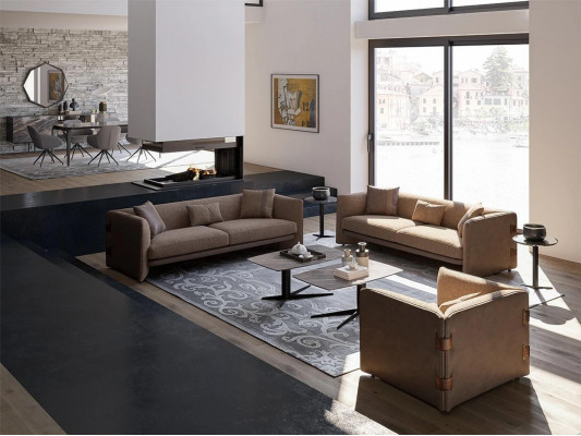 Living room 7-piece set brown 2x sofas modern armchair with coffee table luxury furnishing