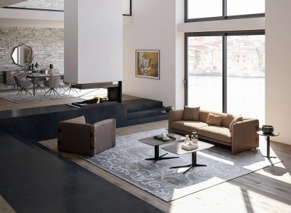Complete furniture set, 6 pieces: Modern three-seater sofa, luxury armchair, wood, 2x coffee table.
