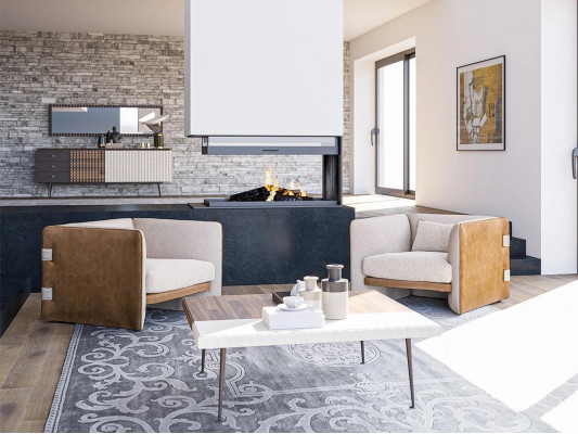 Living room set 3-piece, 2x beige armchairs, upholstered furniture, luxury wood coffee table