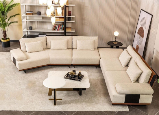 L-shaped sectional fabric sofa coffee tables upholstered sofa beige modern sofa set