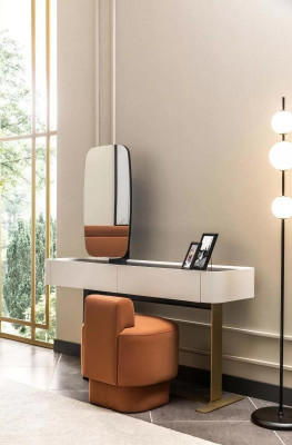 Set console table, stool, dressing table, vanity table, wood, white, orange