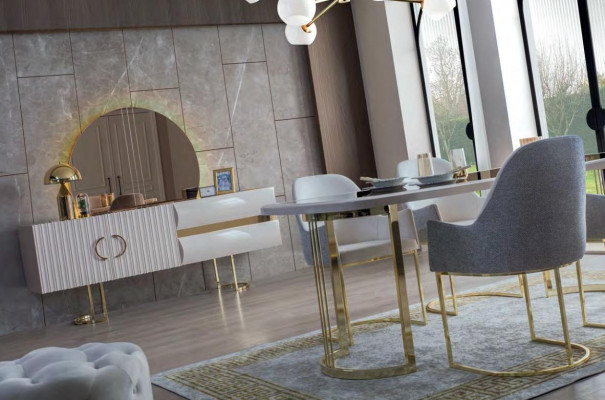 Stylish Gray-White Dining Room Furniture Luxury Dining Table 4 Fabric Chairs 6-piece Set