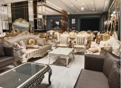 Modern living room set with two stylish 3-seater sofas and a designer armchair